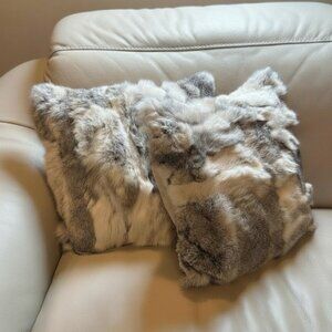 Vtg Real Rabbit Fur Pillow Covers Patchwork Gray Beige Genuine Fur Zipper 17x17